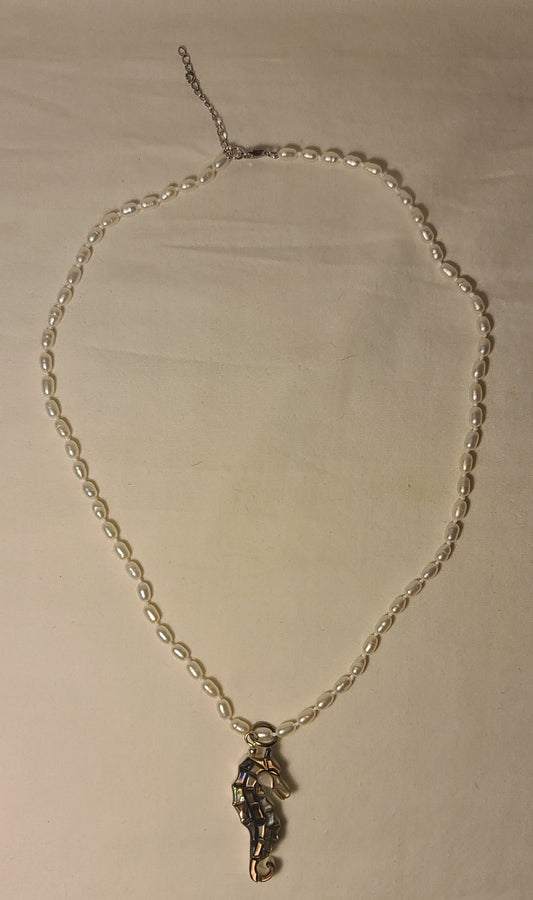 Lee Sands Abalone Seahorse Pendant with 19 Inch Pearl Necklace