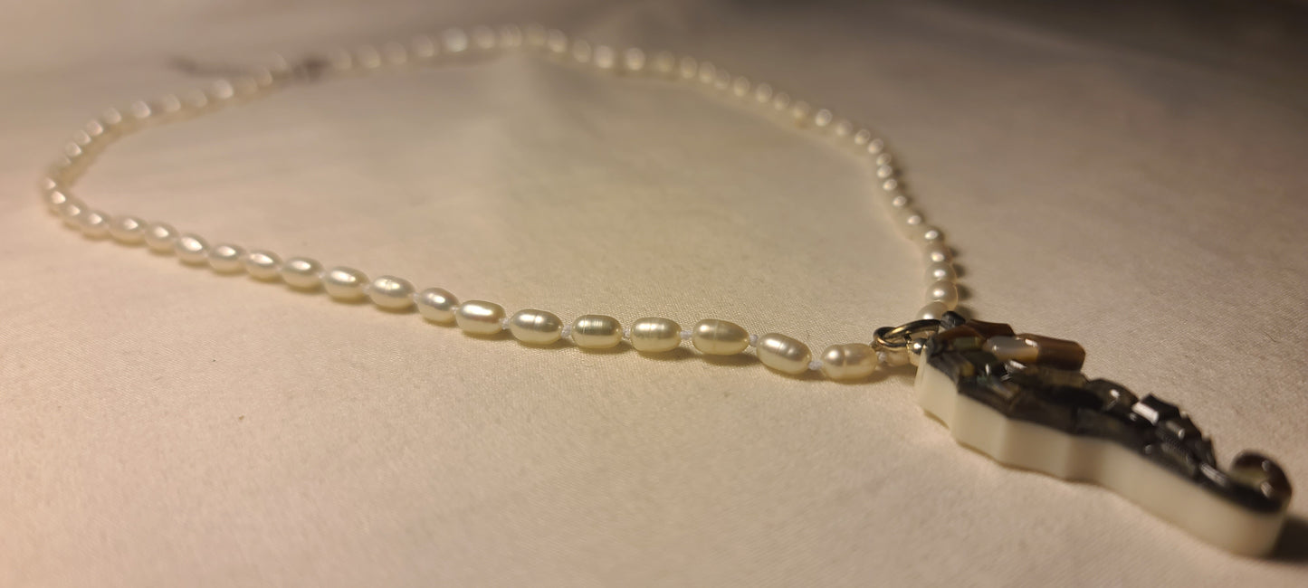 Lee Sands Abalone Seahorse Pendant with 19 Inch Pearl Necklace