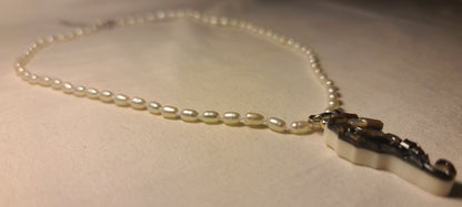 Lee Sands Abalone Seahorse Pendant with 19 Inch Pearl Necklace
