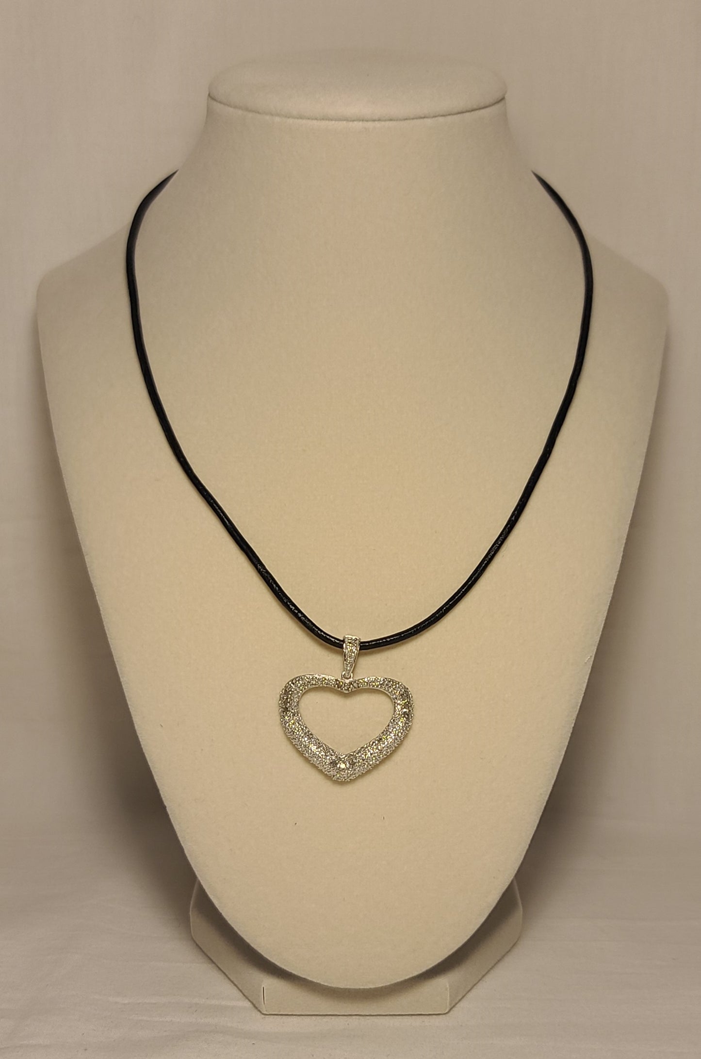 Sterling Silver Open Heart Pendant – Black Leather 18 Inch Necklace