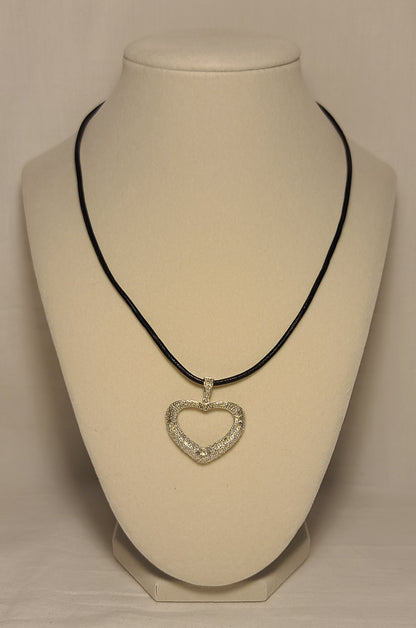 Sterling Silver Open Heart Pendant – Black Leather 18 Inch Necklace