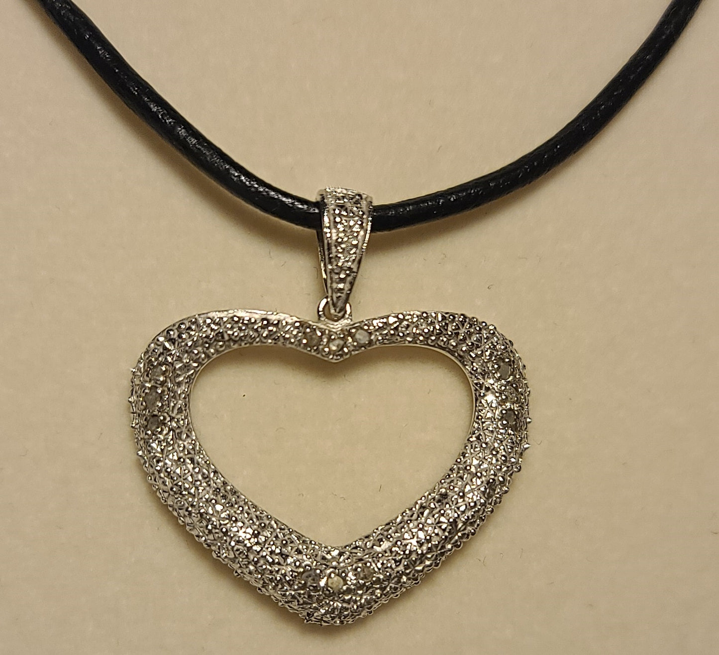 Sterling Silver Open Heart Pendant – Black Leather 18 Inch Necklace