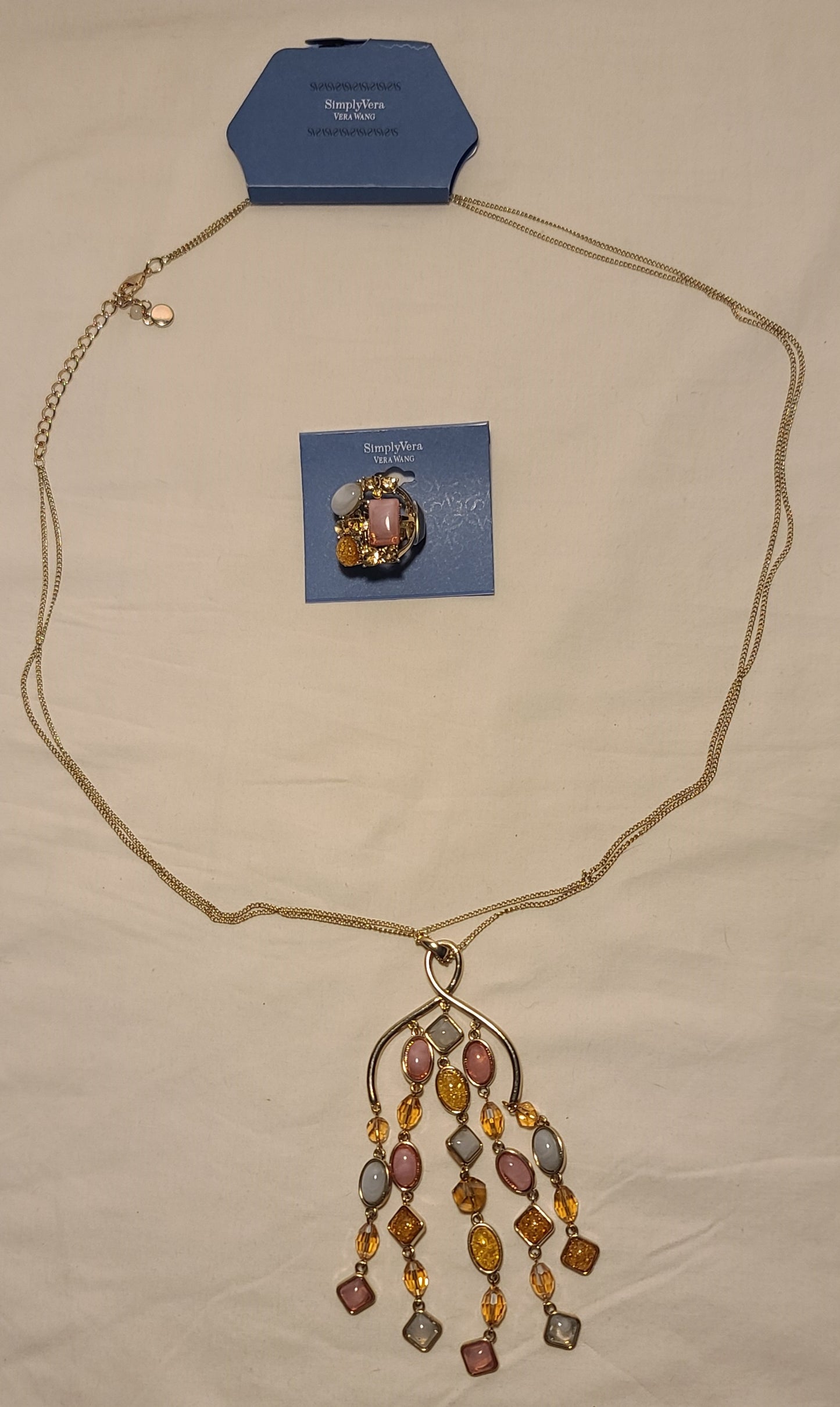Simply Vera Vera Wang Necklace & Ring Set – Gold Tone, Multi-Color Stones, New