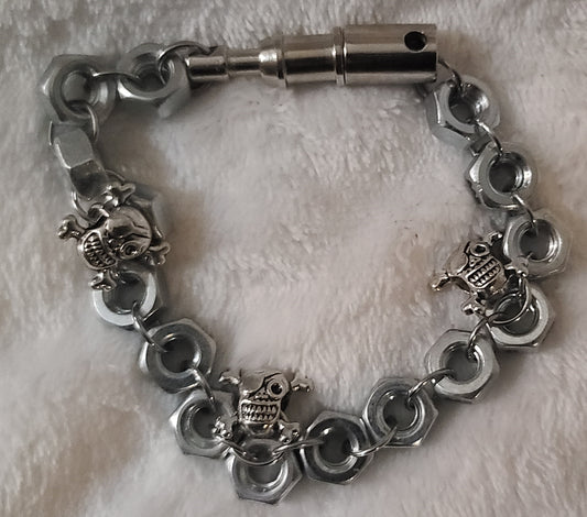Hex-Nut Skull & Cross Bones 9 Inch Bracelet with Coupler Clasp