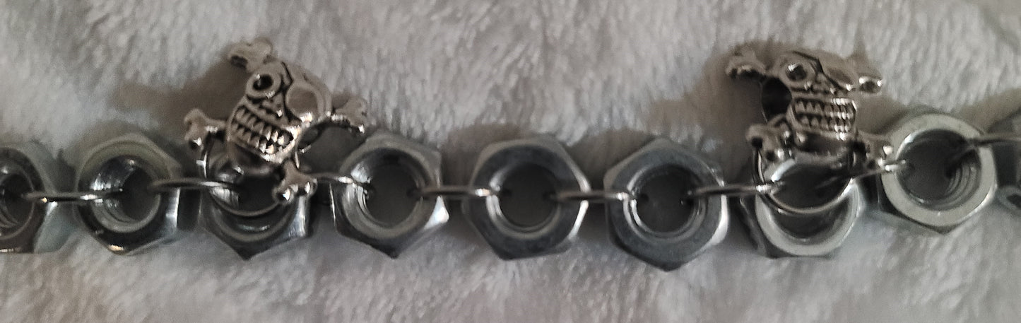 Hex-Nut Skull & Cross Bones 9 Inch Bracelet with Coupler Clasp