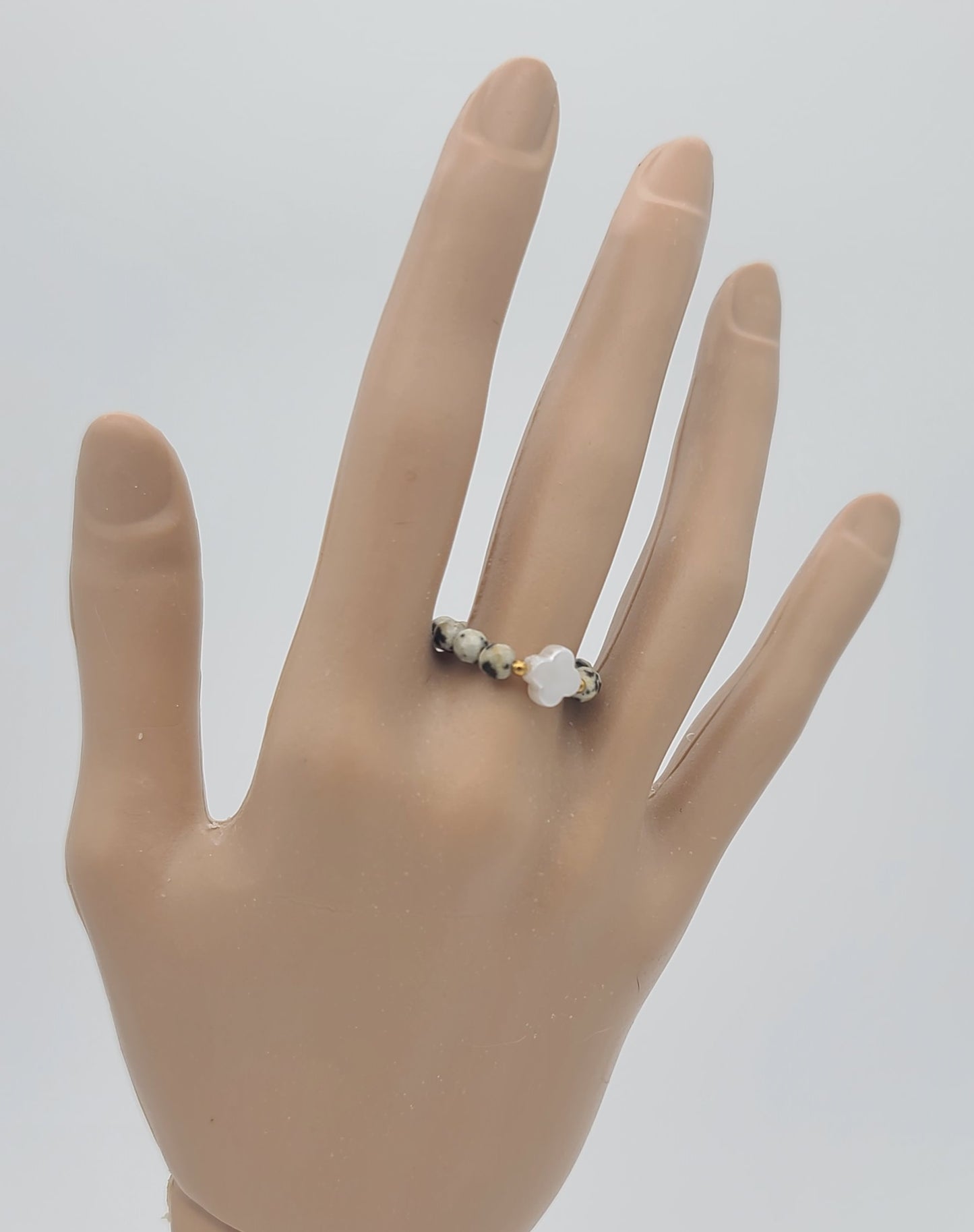 Speckled Dalmatian Bead with Faux Pearl Clover Stretch Fit Ring 6.25 – 9
