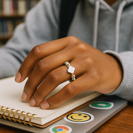 Speckled Dalmatian Bead with Faux Pearl Clover Stretch Fit Ring 6.25 – 9