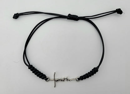 Stainless Steel Faith Cross Connector Bracelet on Black Cord with Adjustable Macramé Knot