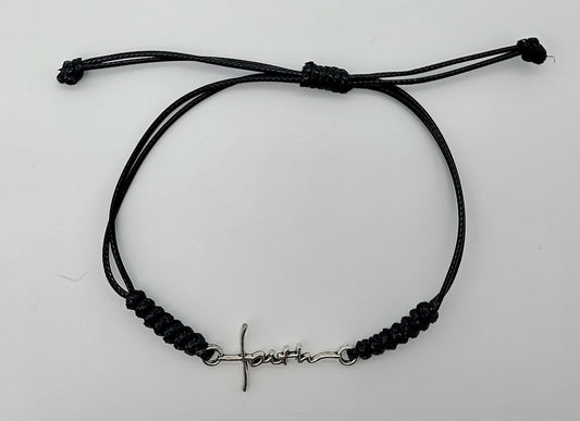 Stainless Steel Faith Cross Connector Bracelet on Black Cord with Adjustable Macramé Knot