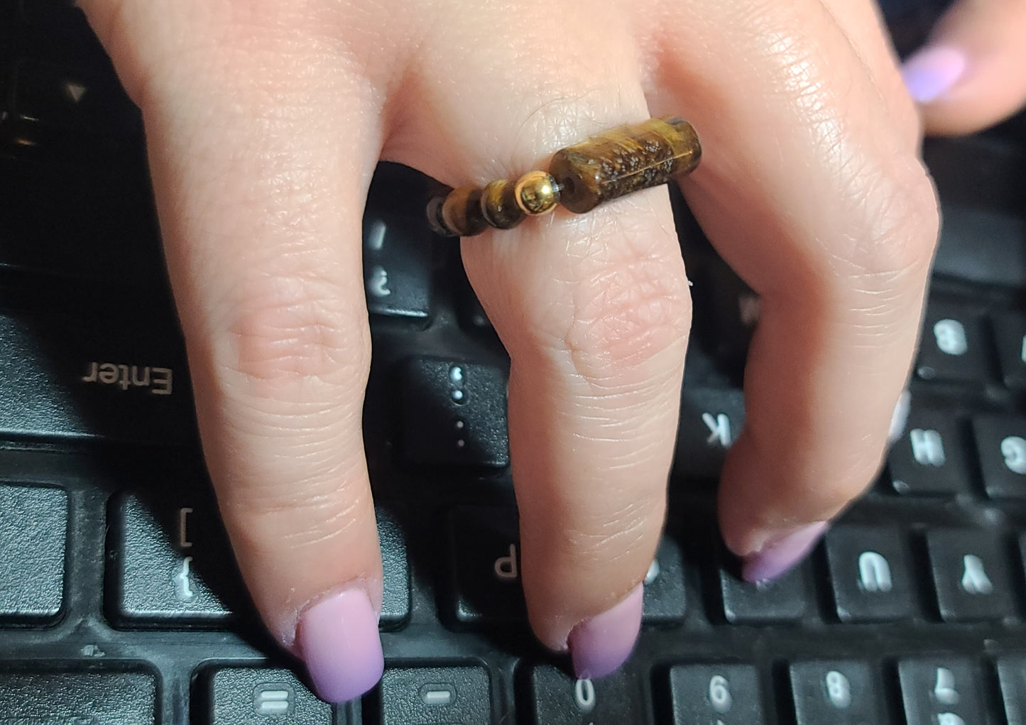 Tiger’s Eye Stretch Ring with Gold Stainless Steel, Size 6.5 - 8.5