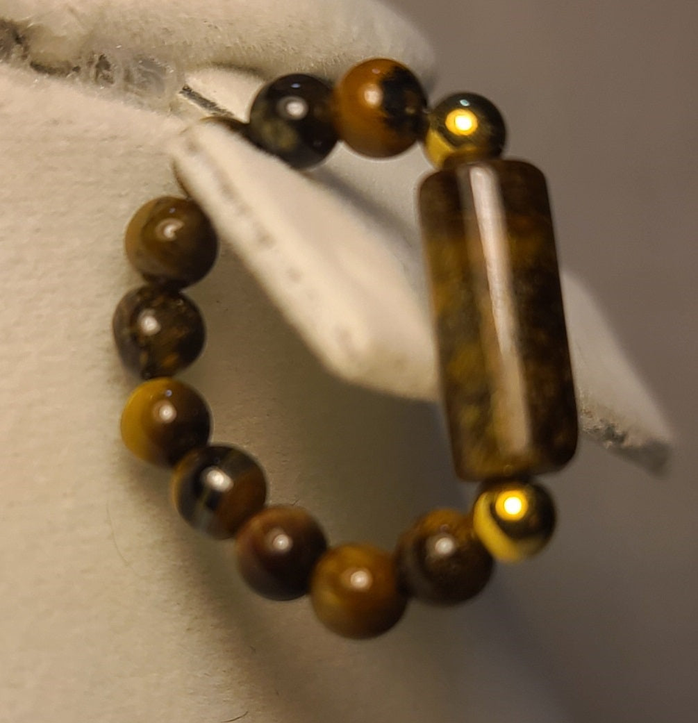 Tiger’s Eye Stretch Ring with Gold Stainless Steel, Size 6.5 - 8.5