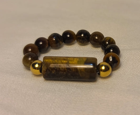 Tiger’s Eye Stretch Ring with Gold Stainless Steel, Size 6.5 - 8.5