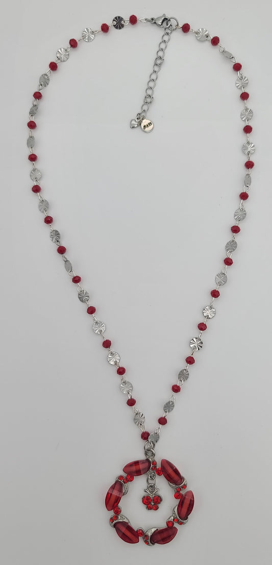 Upcycled Pendant Wreath Necklace with Butterfly Charm on Handmade Red Glass Sunburst Chain