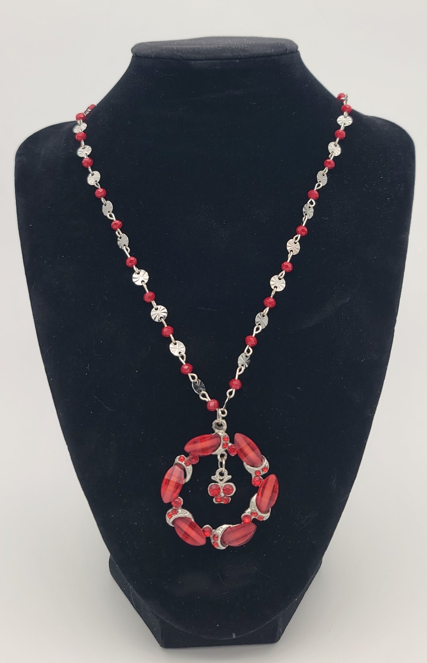 Upcycled Pendant Wreath Necklace with Butterfly Charm on Handmade Red Glass Sunburst Chain