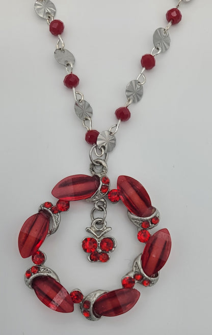 Upcycled Pendant Wreath Necklace with Butterfly Charm on Handmade Red Glass Sunburst Chain