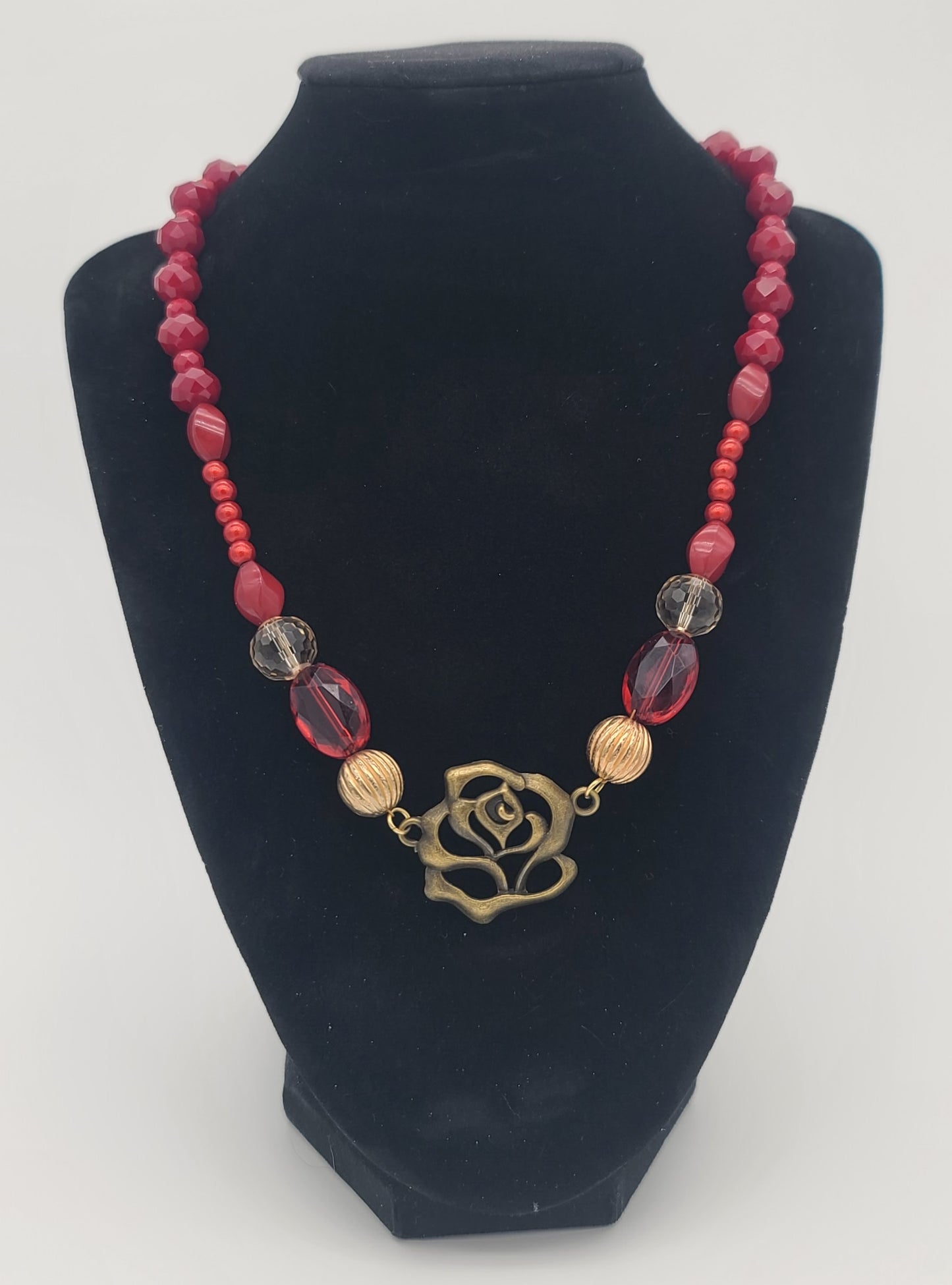 Vintage-Inspired Red Bead with Brass-Rose Statement Necklace, Stainless Hardware Adjustable 18.5–20.75"