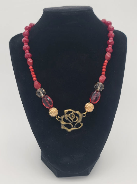 Vintage-Inspired Red Bead with Brass-Rose Statement Necklace, Stainless Hardware Adjustable 18.5–20.75"