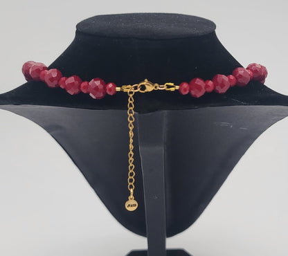 Vintage-Inspired Red Bead with Brass-Rose Statement Necklace, Stainless Hardware Adjustable 18.5–20.75"