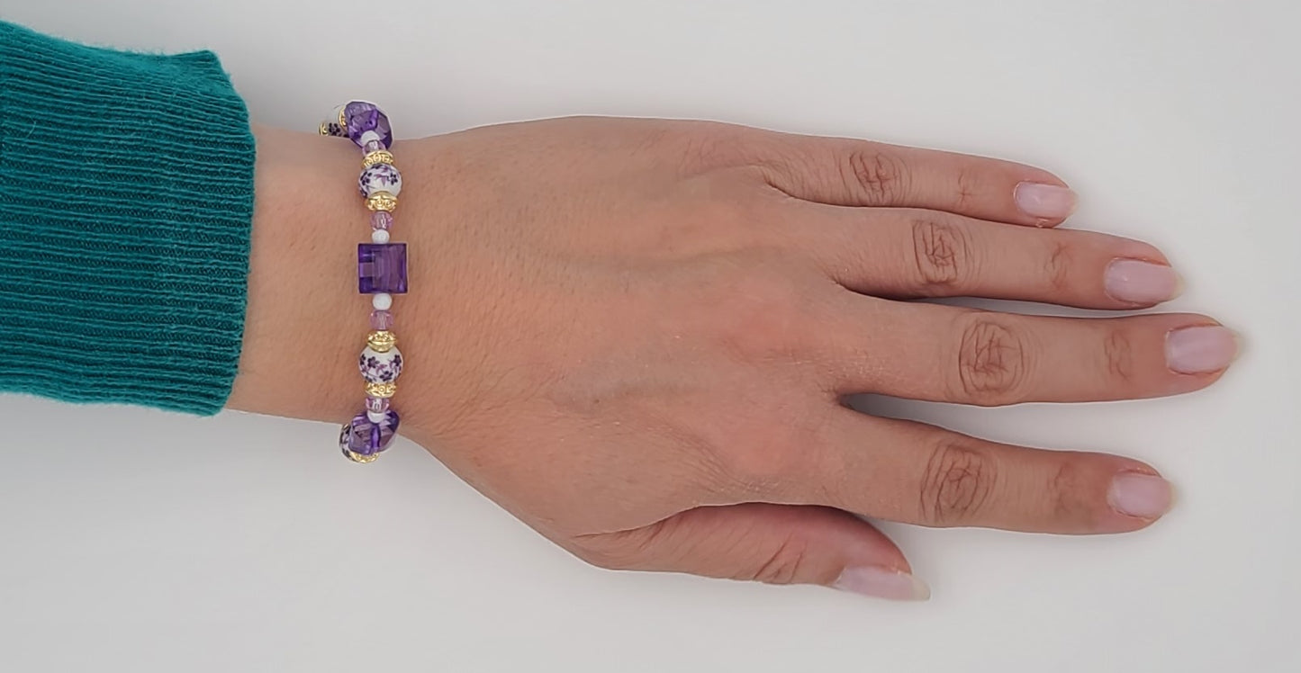 Violet Garden Bracelet, Porcelain Flowers, Faceted Pink/White, Gold Stainless 7.5"