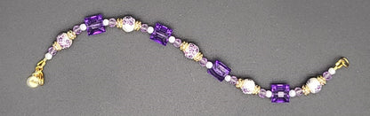 Violet Garden Bracelet, Porcelain Flowers, Faceted Pink/White, Gold Stainless 7.5"