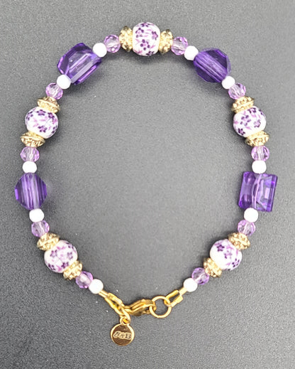 Violet Garden Bracelet, Porcelain Flowers, Faceted Pink/White, Gold Stainless 7.5"