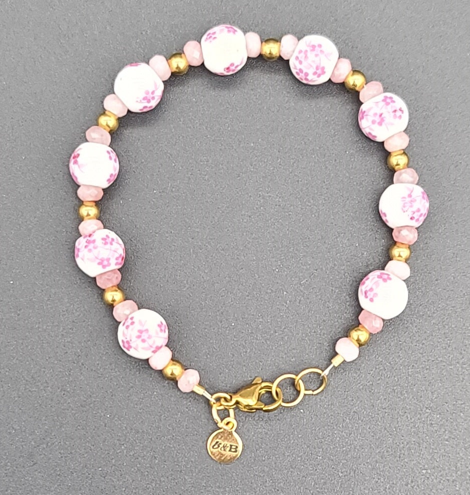White & Pink Floral Porcelain & Gold Stainless Bracelet 7.25"