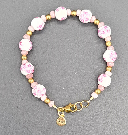 White & Pink Floral Porcelain & Gold Stainless Bracelet 7.25"