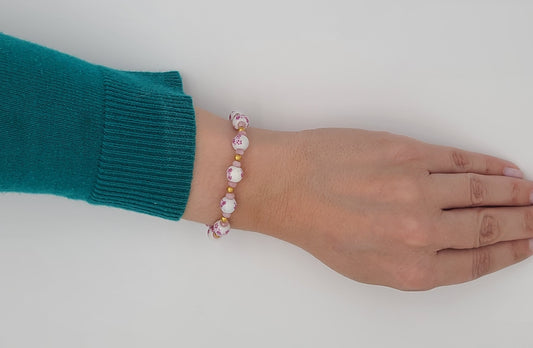 White & Pink Floral Porcelain & Gold Stainless Bracelet 7.25"