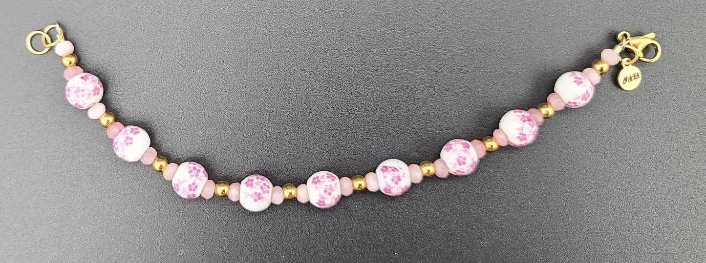 White & Pink Floral Porcelain & Gold Stainless Bracelet 7.25"