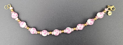 White & Pink Floral Porcelain & Gold Stainless Bracelet 7.25"