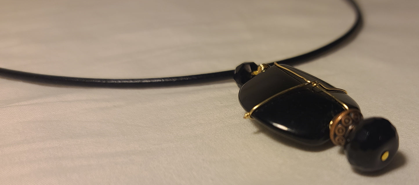 Black Glass Wire-Wrapped Pendant (Gold-Tone) on 24" Leather Cord
