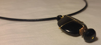 Black Glass Wire-Wrapped Pendant (Gold-Tone) on 24" Leather Cord