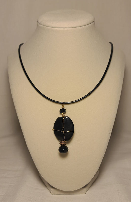 Black Glass Wire-Wrapped Pendant (Gold-Tone) on 24" Leather Cord