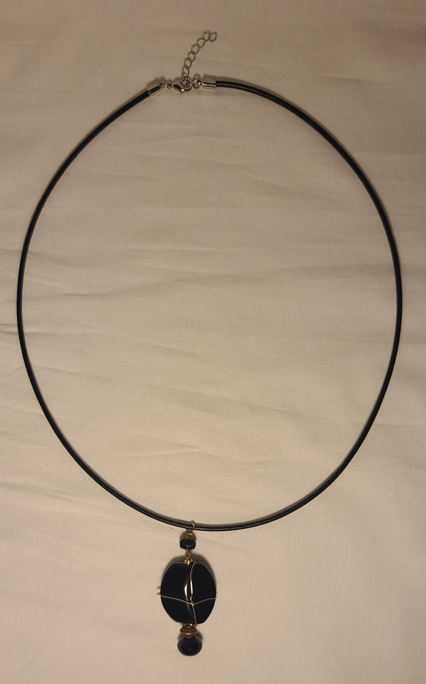 Black Glass Wire-Wrapped Pendant (Gold-Tone) on 24" Leather Cord