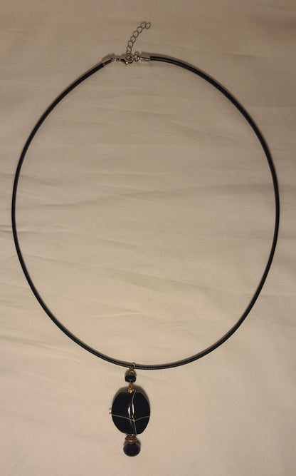 Black Glass Wire-Wrapped Pendant (Gold-Tone) on 24" Leather Cord