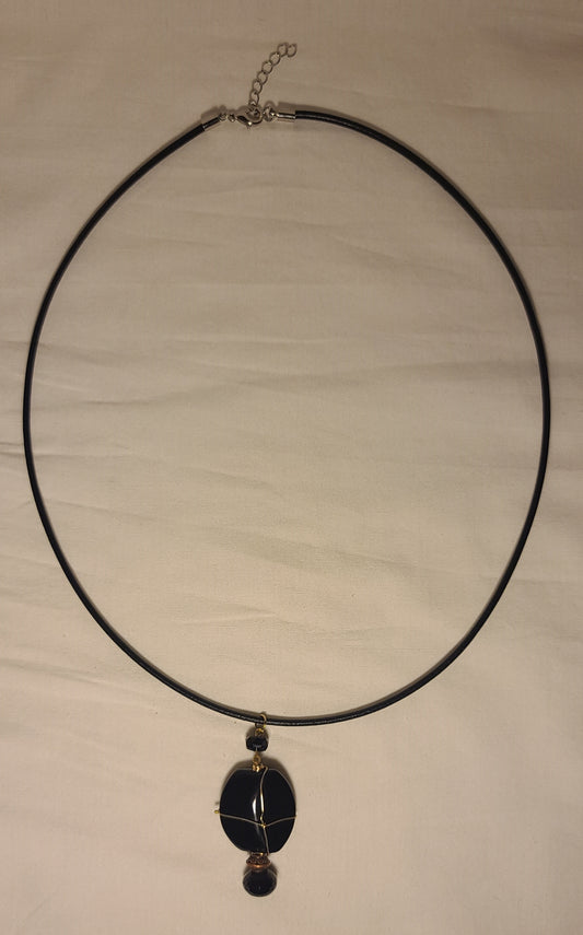 Black Glass Wire-Wrapped Pendant (Gold-Tone) on 24" Leather Cord