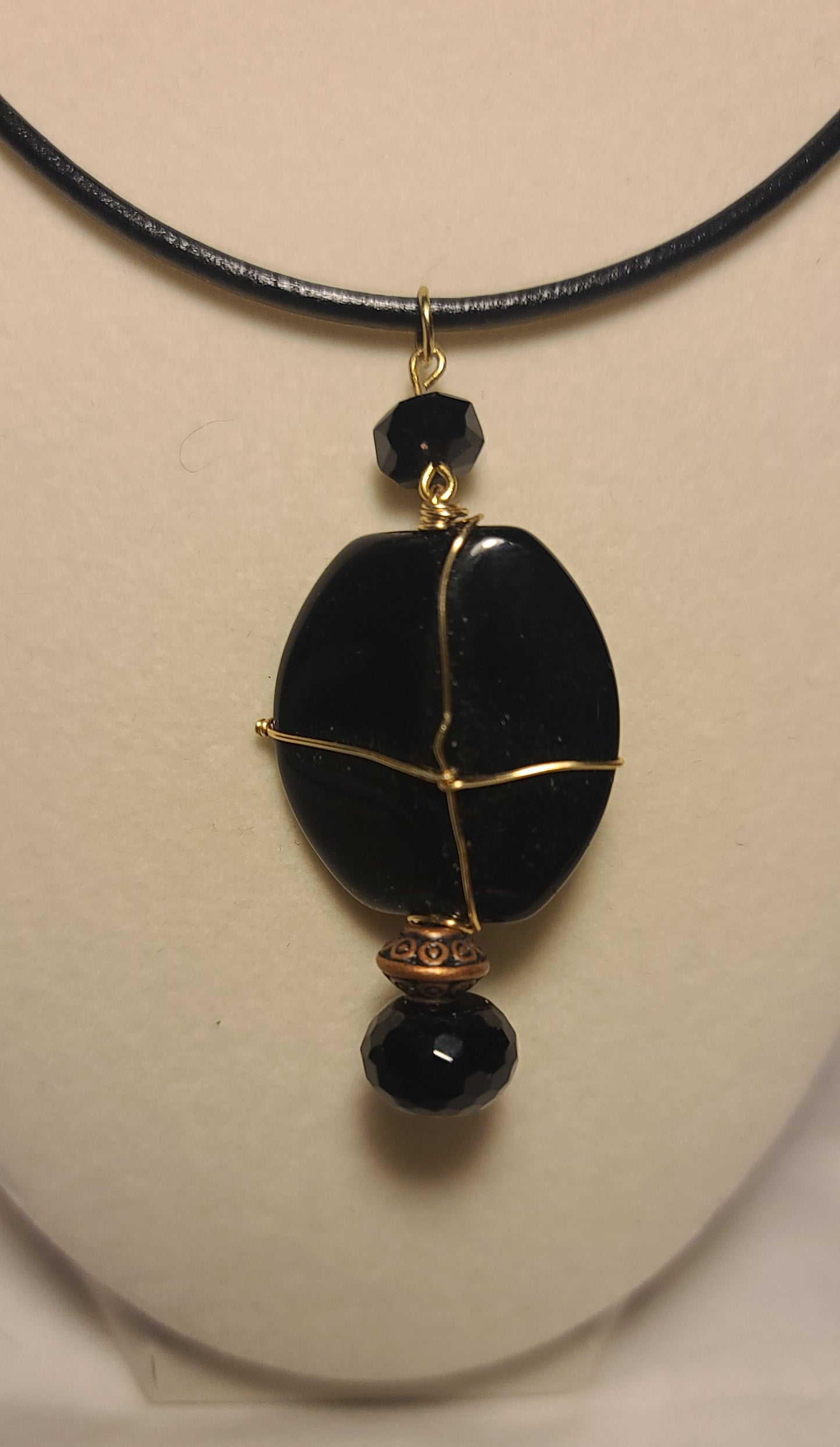 Black Glass Wire-Wrapped Pendant (Gold-Tone) on 24" Leather Cord