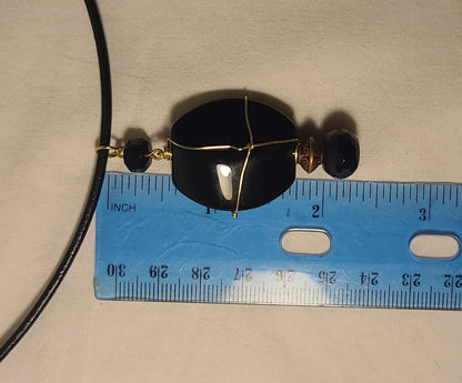 Black Glass Wire-Wrapped Pendant (Gold-Tone) on 24" Leather Cord
