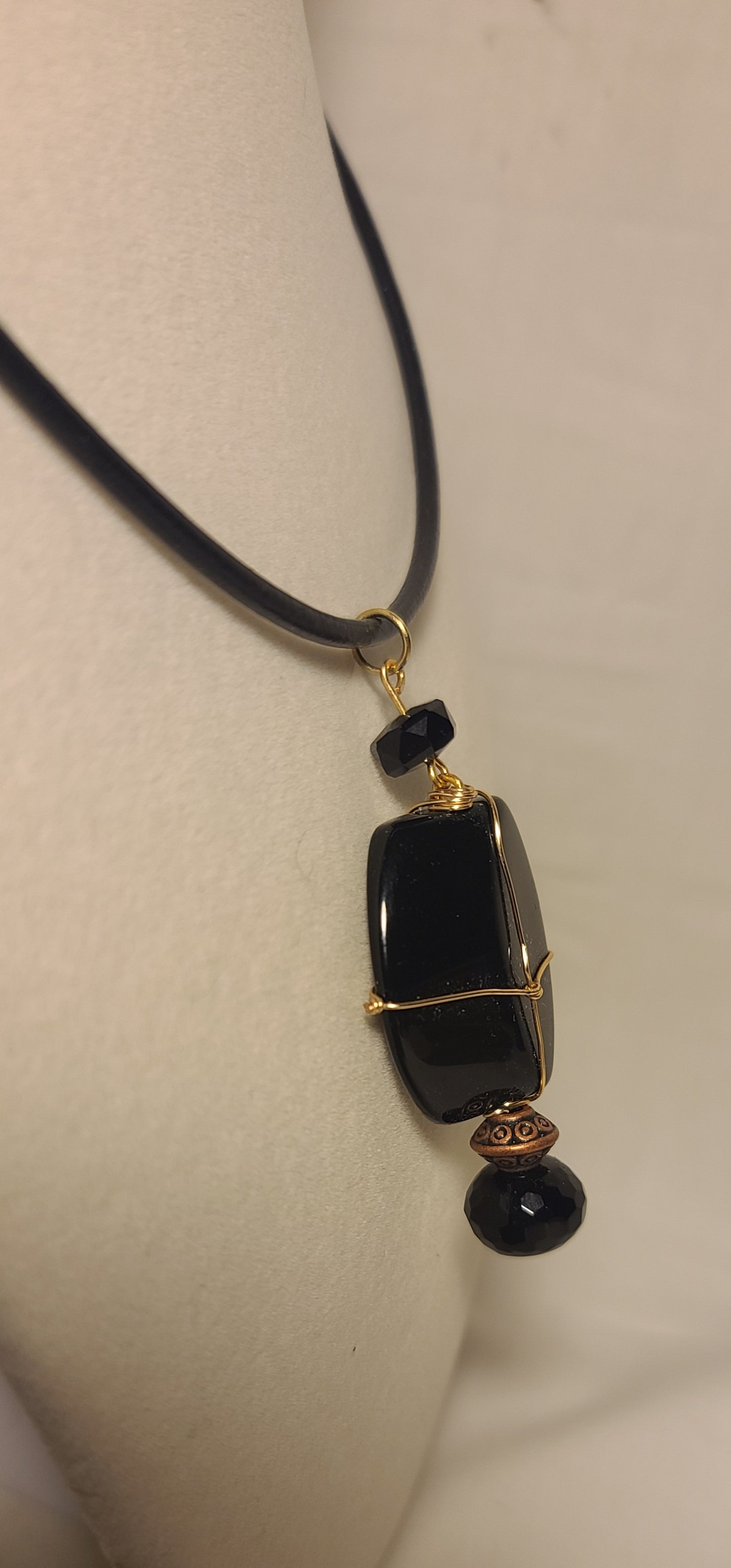 Black Glass Wire-Wrapped Pendant (Gold-Tone) on 24" Leather Cord