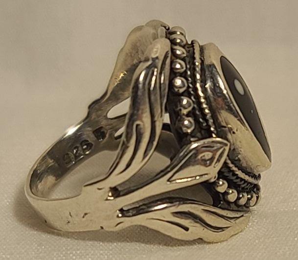 Sterling Silver Yin-Yang Ring – Size 5 – Ornate Beaded Border – 925 S Mark