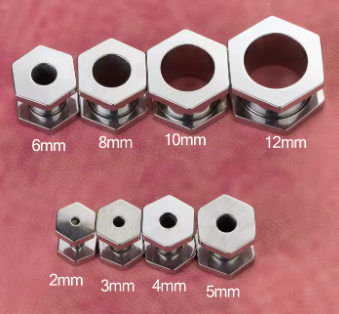 Hex Nut Shaped Stainless Steel Gauge Earrings Sizes 2 - 12mm
