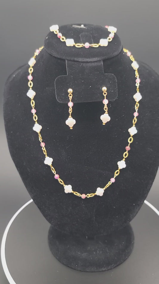 Blush Clover Jewelry Set, Pink Tourmaline, Faux-Pearl Clover Gold Stainless