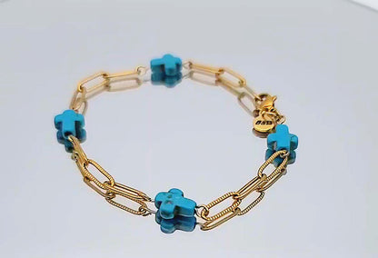 Modern & Minimal, Blue Stone Cross and Gold Stainless Steel Textured Paperclip Bracelet 7 - 7.75"