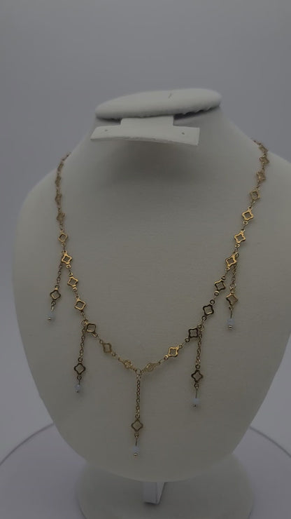 Aquamarine & Gold Clover Adjustable, Fringe Necklace