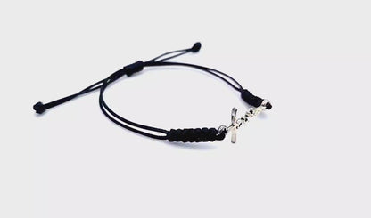 Stainless Steel Faith Cross Connector Bracelet on Black Cord with Adjustable Macramé Knot