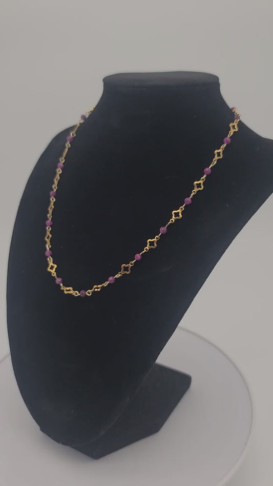 Red Ruby Radiance – Gold Stainless Steel Clover and Natural Ruby Necklace Set