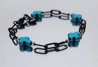 Modern & Minimal, Blue Stone Cross and Black Stainless Steel Paperclip Bracelet 6.25 - 7"