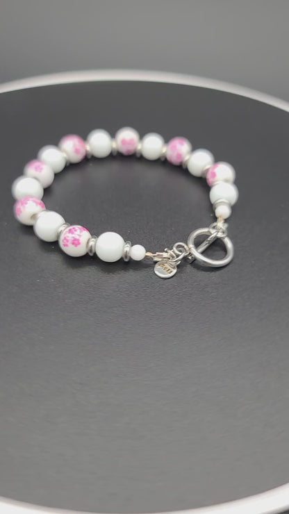 White & Pink Floral Porcelain & Stainless Toggle Bracelet 7.75"