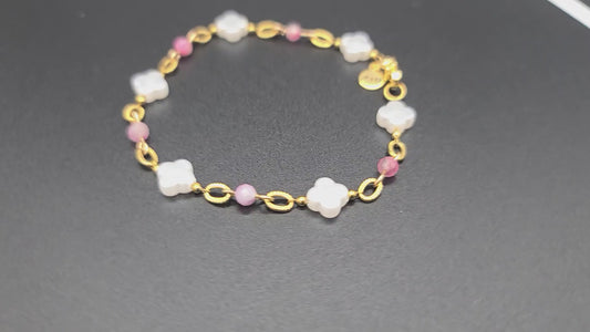 Blush Pink Tourmaline & Clover Gold Stainless Bracelet 7.5"