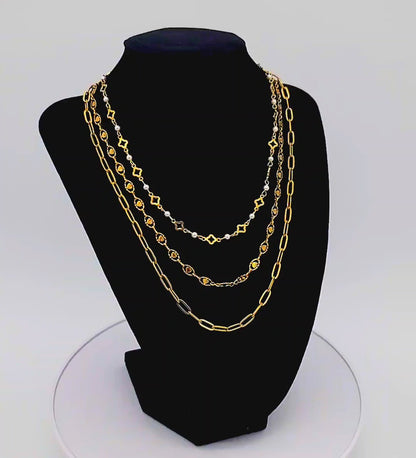 Lucky in Love Gold Stainless Steel Triple-Layer Necklace Paperclip, Clovers, & Shell Pearls